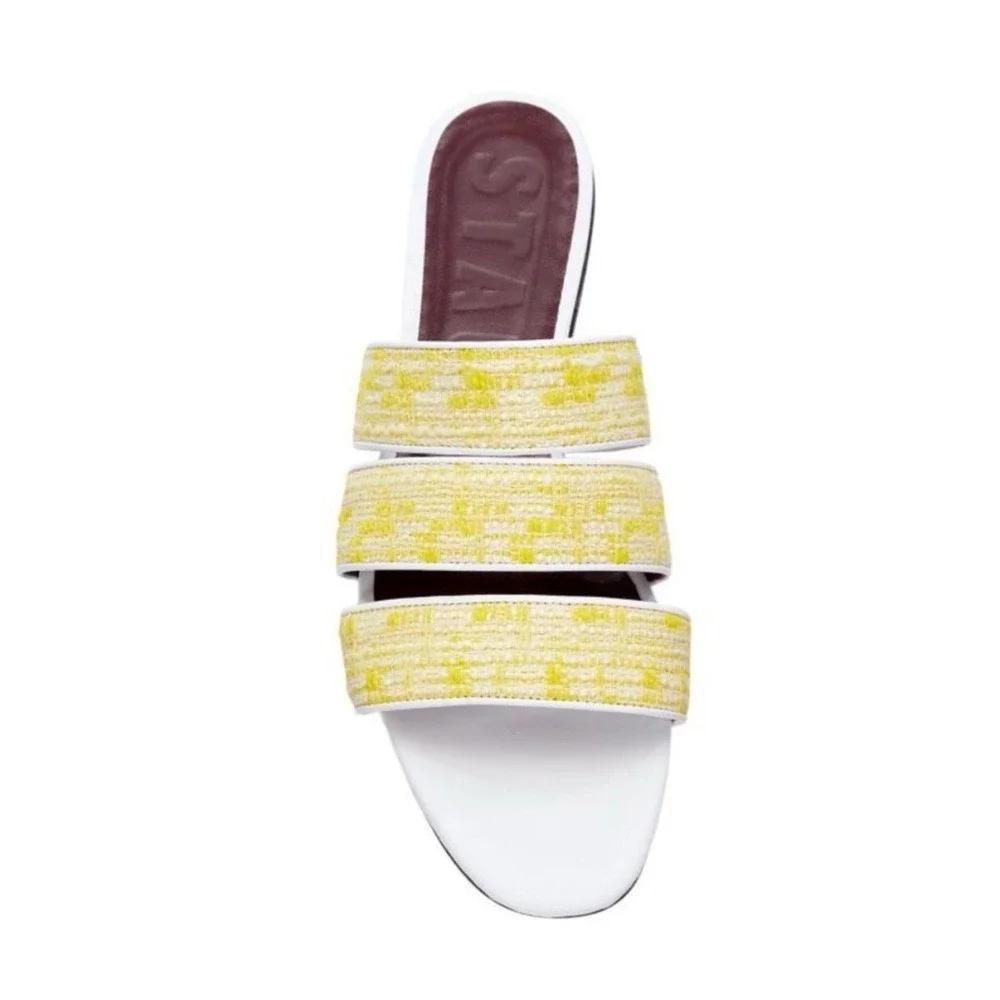 HH STAUD Yellow Tweed Triple Strap Slide Sandal White Leather Trim Flat Slide 38